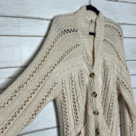 Free People Cable Cardi Knit Cardigan Sweater Ivory Size Small - Picture 7 of 11